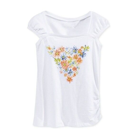 New! GUESS Girls' Rhinestone Floral Logo Cotton Top Tee T-Shirt Blouse White - Picture 1 of 2